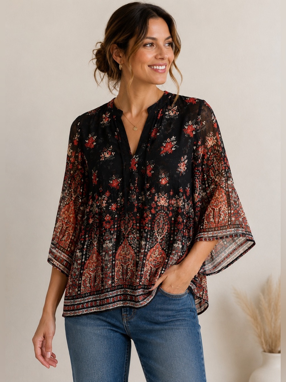 Tribal Jeans Sheer Boho Blouse Tunic Medium Black Red Floral Kimono Sleeve